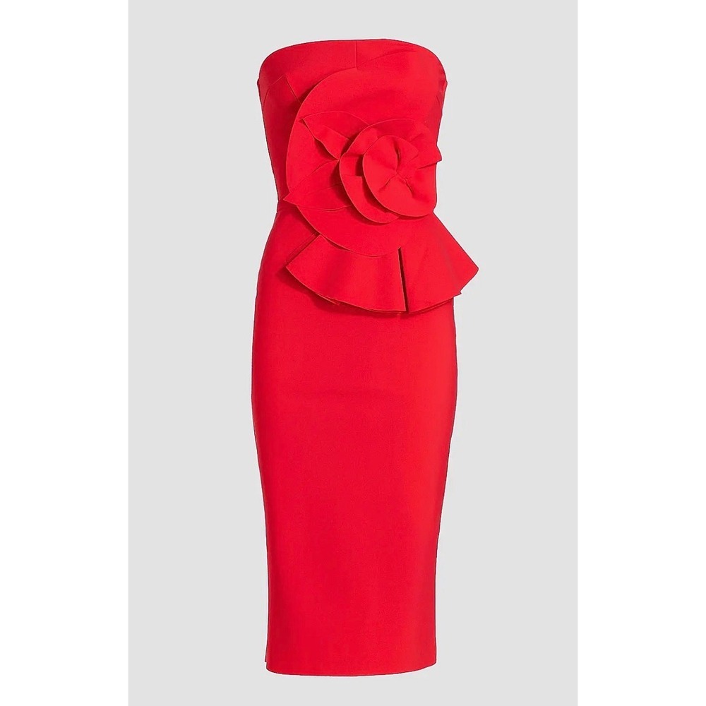Chiara Boni La Petite Robe Hebe Red Rosette Strapless Midi Dress Size 6 IT 42